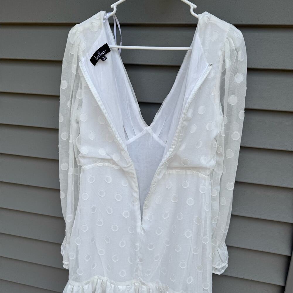 🧡SALE Lulus size M Just Spotted White Polka Dot Ruffled V-Neck Mini Dress - Picture 10 of 12